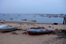 photo of weathered boats anchored along the bayside beach in Provincetown, MA