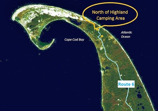 satellite image of Outer Cape Cod, showing the location of North of Highland Camping Area near the beach and Cape Cod Bay
