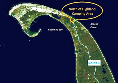Satellite image showing the location of North of Highland Camping Area's ideal destination for camping on Cape Cod near the beach