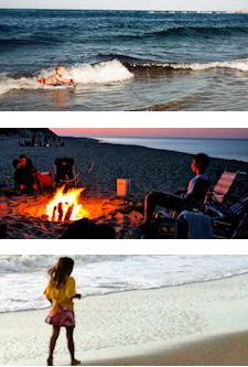 three photos from Cape Cod beaches, including a Cape Cod beach fire, a girl walking along the Cape Cod shore and a boy surfing the waves