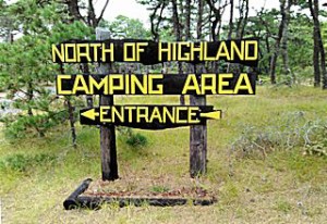 Sign at camp entrance for the Cape Cod campgrounds at North of Highland Camping Area with Head of the Meadow Road in the background