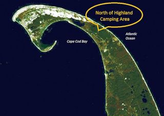 aerial satellite photo of Cape Cod showing North of Highland Camping on Cape Cod, MA